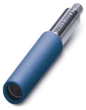 Ein blauer Handgriff mit silbernem Schraubanschluss, wahrscheinlich Teil eines Werkzeugs oder Geräts.