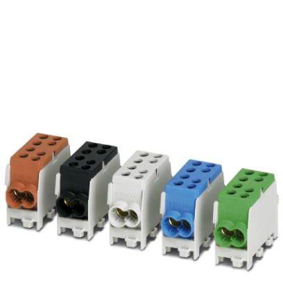 Fünf verschiedenfarbige, nebeneinander angeordnete elektrische Steckklemmen: braun, schwarz, weiß, blau und grün.