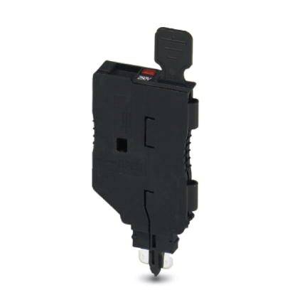 Schwarzer Sicherungsautomat mit rotem Schalter und integriertem Sicherungshalter. Geeignet für elektrische Schutzmaßnahmen.