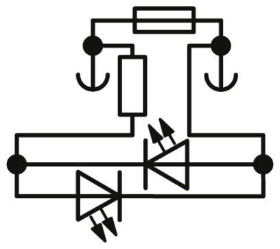 Ein Schaltplan mit elektronischen Symbolen: Dioden, Widerstände, Leitungen und Verbindungen, die einen Stromkreis darstellen.