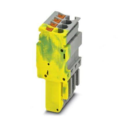Ein gelb-graues elektrisches Steckverbindungskomponent mit mehreren Steckplätzen, geeignet für industrielle Anwendungen.