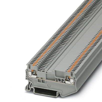Grau-orange Klemmschiene für elektrische Verbindungen, zeigt Details der Verdrahtungsanschlüsse und Schraubpunkte.
