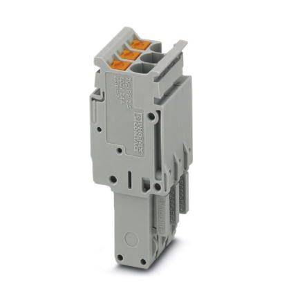 Elektroanschlussklemme in grau mit 15 tragenden Sicherungen und orangefarbenen Markierungen, vertikal ausgerichtet.