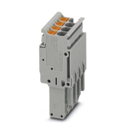 Ein grau-orangefarbener elektrischer Steckverbinder mit mehreren Anschlussklemmen, vertikal ausgerichtet, von Phoenix Contact.