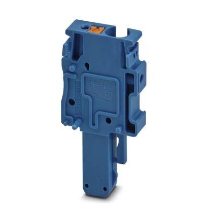 Blaues Anschlussmodul für elektrische Verbindungen, vertikal ausgerichtet, mit Befestigungslöchern und einem orangenen Entriegelungshebel.