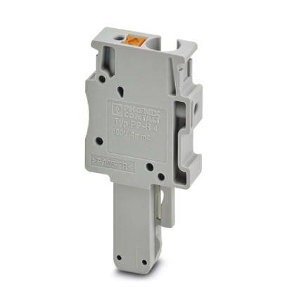 Grauer, rechteckiger Sicherungshalter der Marke Phoenix Contact, Typ PT-HESI, für 30A 600V. Hauptsächlich für Schalttafeln verwendet.