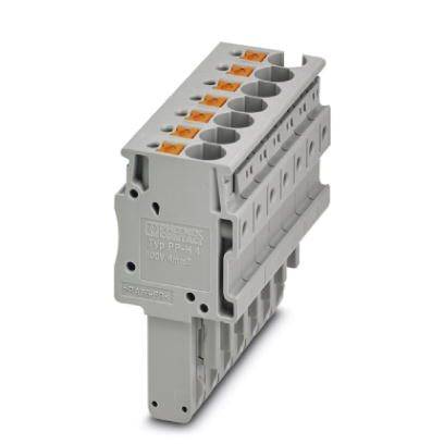 Klemmenleiste mit mehreren Anschlussklemmen in grauem Gehäuse, geeignet für elektrische Verbindungen in Schalttafeln.