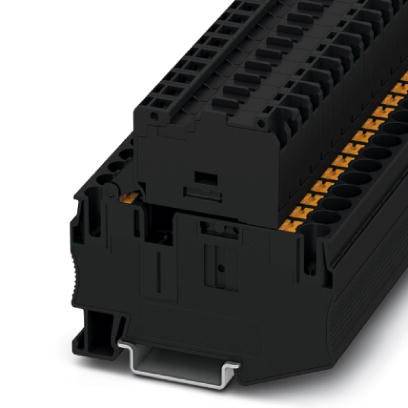 Elektrischer Steckverbinder mit mehreren Anschlüssen. Er ist schwarz mit orangefarbenen Elementen und dient zur Signalübertragung.