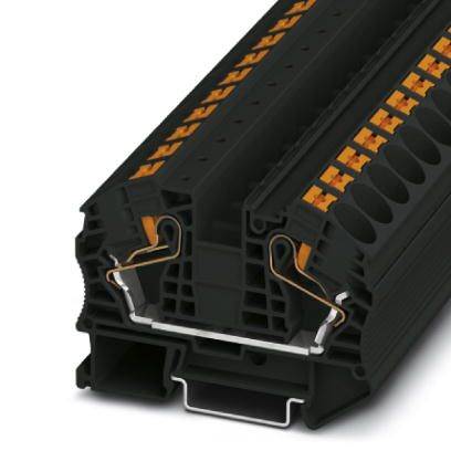 Ein schwarzes elektrisches Steckverbindergehäuse mit orangenen Kontakten. Geeignet für industrielle Anwendungen zur Kabelverbindung.