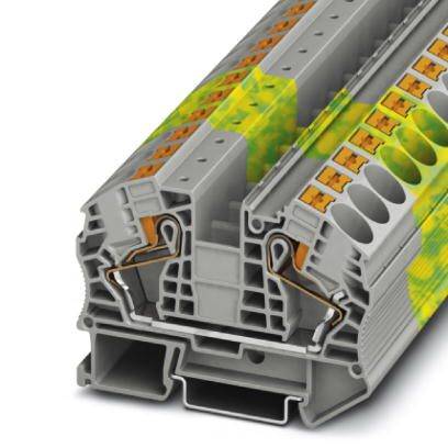 Querschnitt einer grauen elektrischen Klemme mit Metallverbindungen. Farbcodierte Bereiche zeigen Hitzeverteilung an.