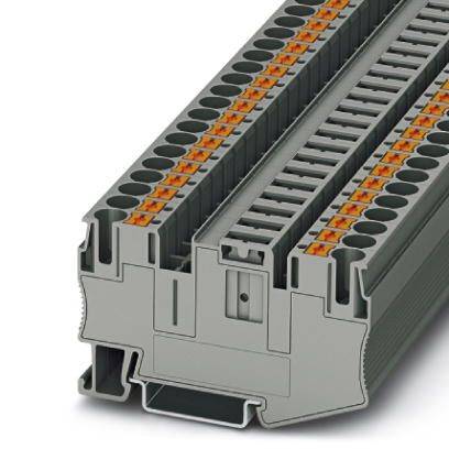 Graue Reihenklemme mit orangefarbenen Betätigungshebeln und mehreren Anschlussstellen für die elektrische Verdrahtung.