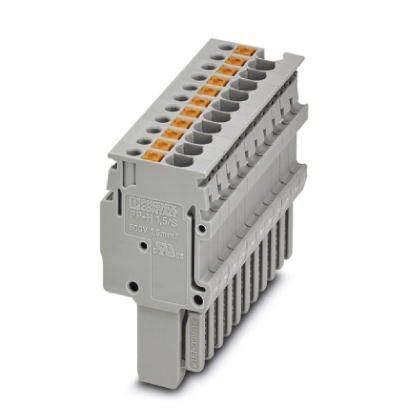 Ein grauer Reihenklemmenblock mit orangen Betätigungselementen und mehrstöckiger Anordnung für elektrische Verdrahtung.