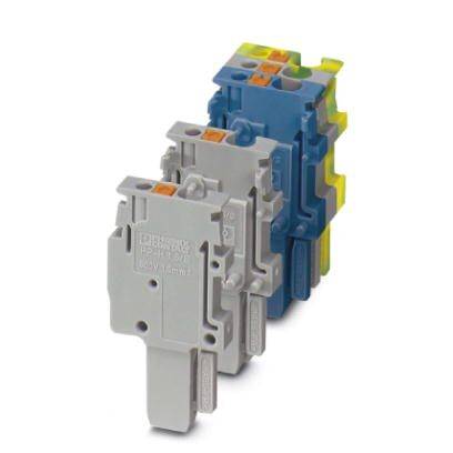 Drei Klemmen unterschiedlicher Farben und Typen sind in einer Reihe angeordnet und zeigen ihre Bauweise und Einsatzmöglichkeiten.