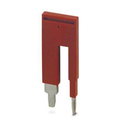 Ein rotes Kunststoff-Werkzeug mit zwei metallischen Spitzen, wahrscheinlich ein Stecker für elektrische Anwendungen.