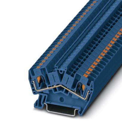 Elektrische Anschlussklemme in Blau mit mehreren Steckplätzen für Drähte. Industrielles Bauteil zur Verkabelung.