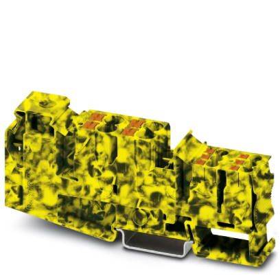 Ein gelb-schwarzes Klemmengehäuse, wahrscheinlich ein industrieller Steckverbinder, auf einem weißen Hintergrund.