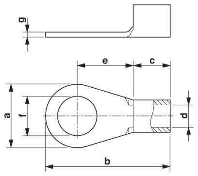 Technische Zeichnung eines mechanischen Bauteils mit Maßen: a, b, c, d, e, f, g. Zeigt Seiten- und Oberansicht des Bauteils.