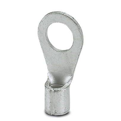 Ein verzinnter Kabelschuh in Form eines Flachanschlusses mit einer runden Öffnung für den Anschluss an eine Schraube oder einen Bolzen.