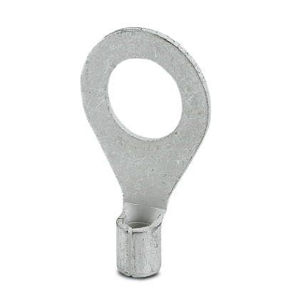Metallischer Ösenring, silbrig glänzend, mit rundem Loch an der Spitze und zylindrischem Schaft, möglicherweise zum Befestigen.