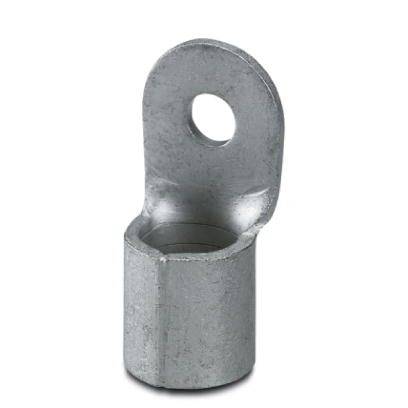 Abbildung zeigt eine silberne Kabelschuhöse aus Metall mit einem einzelnen Befestigungsloch.