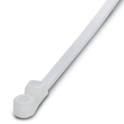 Ein weißer Kabelbinder mit einem quadratischen Kopf und einem geriffelten Band auf hellem Hintergrund.