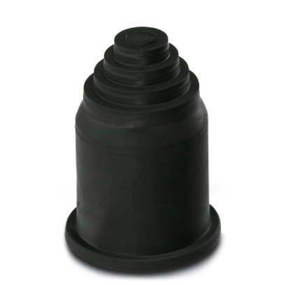 Schwarze, zylinderförmige Gummikappe mit gestuften Ringen, oft zur Abdichtung oder Schutz von mechanischen Teilen verwendet.
