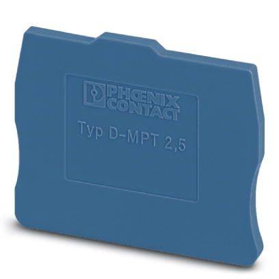 Blauer Endverschlussblock mit Aufschrift 'PHOENIX CONTACT Typ D-MPT 2,5', verwendet für sichere Verdrahtung in Schalttafeln.