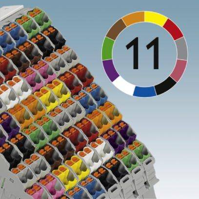 Grafik von Reihenklemmen mit farbigen Markierungen. Eine stilisierte Nummer 11 ist von einem farbigen Ring umgeben.