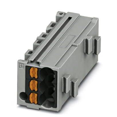 Graues, rechteckiges elektrisches Steckverbindungsmodul mit drei orangefarbenen Eingängen an der Vorderseite.