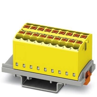 Gelber Steckverbinder mit mehreren Anschlüssen, montiert auf einer grauen Schiene, für elektrische Verdrahtungssysteme.