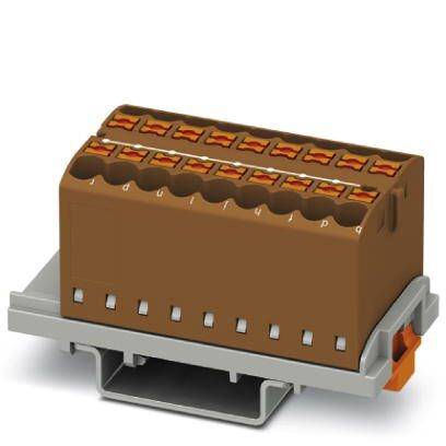 Ein brauner, rechteckiger elektrischer Steckverbinder mit mehreren Steckplätzen auf einem grauen Sockel, geeignet für industrielle Anwendungen.