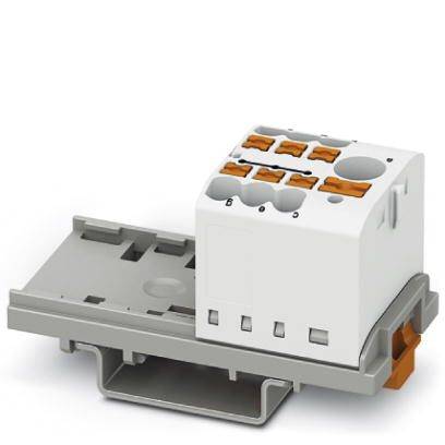 Ein weißer elektrischer Anschlussblock mit mehreren Anschlüssen, montiert auf einer grauen Trageschiene.