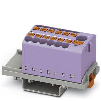 Lila elektrischer Steckverbinder mit grauem Sockel, neun Anschlüsse, typische industrielle Anwendung, zeigt moderne Anschlussklemmen.