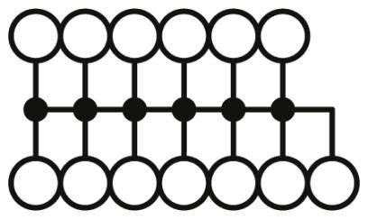 Diagramm mit zwei Reihen verbundener Kreise; obere Reihe enthält zwei zusätzliche Kreise. Verbindungspunkte markieren Knoten.