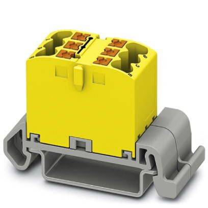 Gelbes elektrisches Steckmodul mit mehreren Anschlüssen, montiert auf grauer Befestigungsschiene. Verwendet in Schaltschrankinstallationen.
