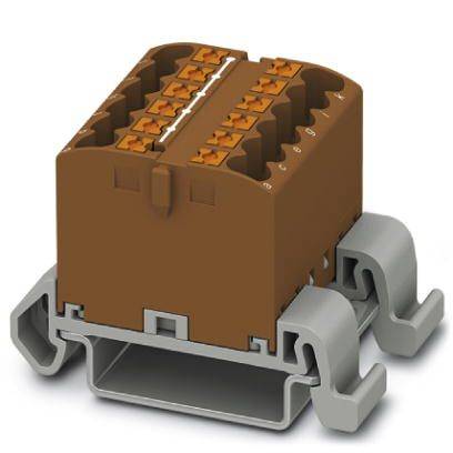 Ein brauner, modularer Steckverbinder mit mehreren Anschlüssen auf grauem Sockel, geeignet für elektrische Verbindungen in Schaltschränken.