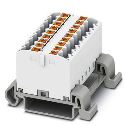 Ein elektrischer Steckverbinder, montiert auf einer grauen Halterung, zeigt mehrere Anschlussklemmen in zwei Reihen.