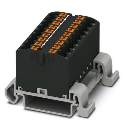 Ein schwarzer elektrischer Steckverbinder auf einem grauen Montagesockel mit mehreren orangefarbenen Anschlüssen.