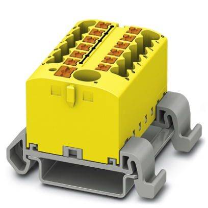 Ein gelber elektrischer Klemmenblock mit mehreren Anschlüssen ist auf einer grauen Schiene montiert.