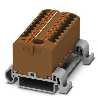 Brauner, rechteckiger Klemmenblock mit grauer Befestigung auf Schiene. Zwei Ebenen mit Klemmeinsätzen für elektrische Verbindungen.