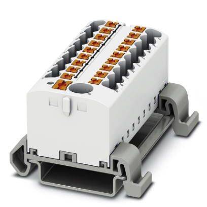 Ein elektrischer Steckverbinder in weiß mit orangenen Anschlüssen, montiert auf einer grauen Schiene. Verwendung in elektrischen Schaltungen.