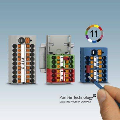 Drei elektrische Anschlusseinheiten mit beschrifteten Klemmen im Fokus. Text: 'Push-in Technology, Designed by PHOENIX CONTACT'.