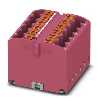 Ein pinkes elektrisches Steckmodul mit nummerierten Anschlüssen und orangefarbenen Klemmen, geeignet für industrielle Anwendungen.