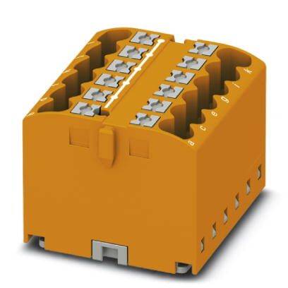 Ein orangefarbener Steckverbinder mit mehreren Anschlusspunkten, geeignet für die Verbindung elektrischer Leitungen in Schaltschränken.