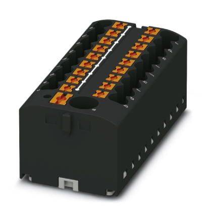 Ein schwarzes elektrisches Anschlussmodul mit mehreren Klemmenreihen. Orangenfarbene Hebel erleichtern die Verbindung von Kabeln.