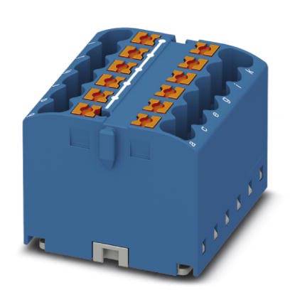 Ein blauer elektrischer Steckverbinder mit mehreren orangefarbenen Steckplätzen. Eignet sich für Verkabelungen und Anschlüsse.