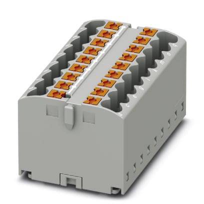 Ein grauer elektrischer Steckverbinder mit zwei Reihen rot-orangener Hebelklemmen und mehreren Anschlussmöglichkeiten.