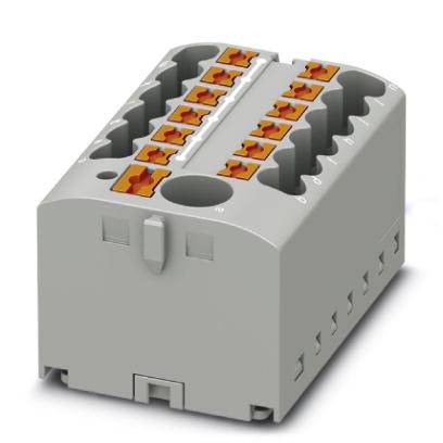 Graue elektrische Klemme mit mehreren orangefarbenen Anschlüssen in zwei Reihen, geeignet für die Verdrahtung elektrischer Verbindungen.