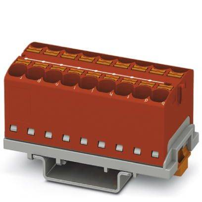 Ein roter elektrischer Steckverbinder mit mehreren runden Anschlüssen, montiert auf einer grauen Halterung. Verwendet für elektrische Verbindungen.