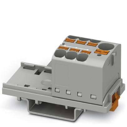 Grauer elektrischer Steckverbinder mit mehreren orangenen Anschlüssen, in einer Halterung montiert.